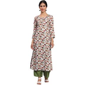 Tissu Women's White & Orange Floral Printed Kurta with Palazzo