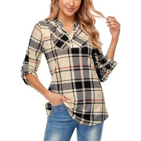 Miusey Womens Buffalo Plaid Roll Sleeve V Neck Flowy Loose Tunic Blouse