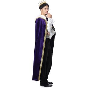 yolsun King Costume Cape for Unisex Adult with Crown Deluxe White Lapel Halloween Velvet Cloak