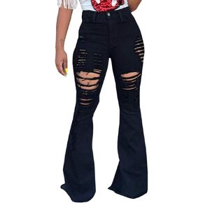 Sexyshine Women's Bell Bottom Jeans High Waisted Classic Retro Ripped Hole Denim Long Wide-Leg Flare Pants