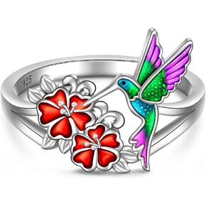 Hummingbird Ring for Women Sterling Silver Blue Purple Hummingbird Finger Ring Hummingbirds Bird Flower Rings Jewelry Charm Christmas Gifts