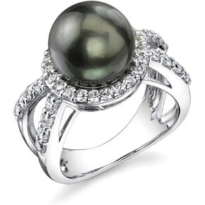 The Pearl Source 10-11mm Genuine Black Tahitian South Sea Cultured Pearl Leah Ring for Women