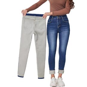 بنطلون جينز نسائي شتوي مبطن بالصوف الحراري سروال جينز دافئ من القماش in Kuwait