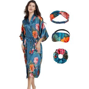 EPLAZA رداء نسائي طويل حريري منقوش عليه زهور من الساتان لحفلات الزفاف وحفلات العروس ووصيفة العروس رداء كيمونو للاستلقاء رداء النوم in Kuwait