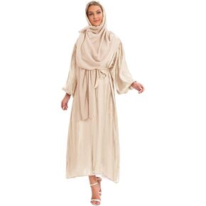 Womens Muslim Dress Open Front Cardigan Maxi Dresses Bubble Sleeve Dubai Kaftan Islamic Abaya Dress Middle East Arabian Robe