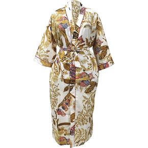 CRAFT KALA Women's Kimono Robe Long Robes with lorful Owl Printed White Kimono Nightgown,White,One Size
