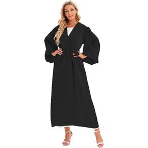 Womens Muslim Dress Open Front Cardigan Maxi Dresses Bubble Sleeve Dubai Kaftan Islamic Abaya Dress Middle East Arabian Robe