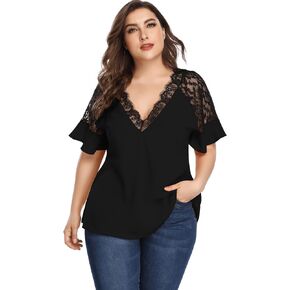 OYOANGLE Women's Plus Size Flounce Short Sleeve Work Office Lace Deep V Neck Elegant Blouse