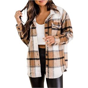 FRMUIC Womens Casual Plaid Flannel Shacket Jacket Oversized Button Down Long Sleeve Fall Shirt Jacket Coats Shirts