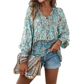 Verdusa Women's Floral Print Tie Neck Shirred Lantern Sleeve Blouse Shirt Top