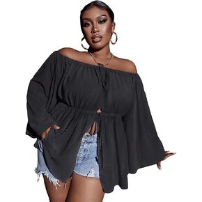 بلوزة نسائية من OYOANGLE بمقاس كبير بدون أكتاف وأكمام طويلة وفتحة أمامية من Peplum in Kuwait