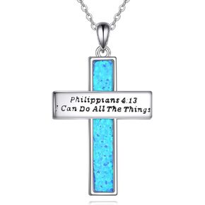 CRMAD Cross Necklace Sterling Silver Philippians 4:13 I Can Do All The Things Inspirational Pandant Blue Opal Jewelry Gift for Women Men (cross-blue opal)