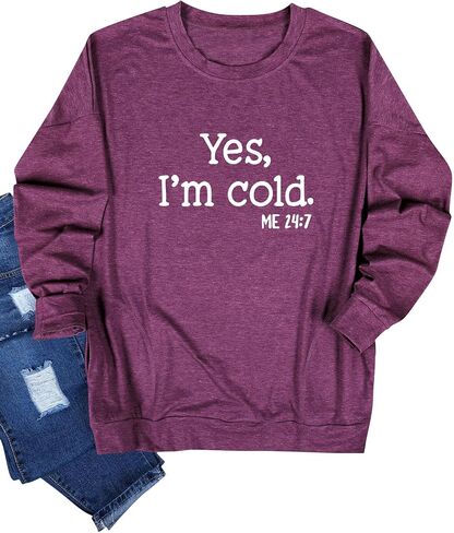 سويت شيرت حريمي Yes I'm Cold بياقة دائرية مع جيوب، قمصان كاجوال فضفاضة بأكمام طويلة، بلوزات مريحة ذات رسومات in Saudi Arabia