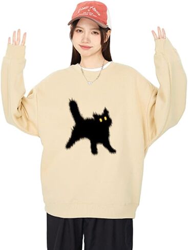 Hewlshawn Women's Crewneck Sweatshirts Oversized Casual Long Sleeve Cotton Fall Tops Cute Cat Pattern Pullover Sweatshirt in Saudi Arabia
