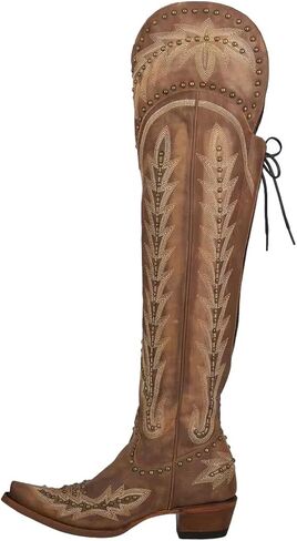 LISHAN Women's Western Cowboy Cowgirl Boots Thigh High Embroidered Block Heels Faux Leather Back Lace Up Shoes in Saudi Arabia