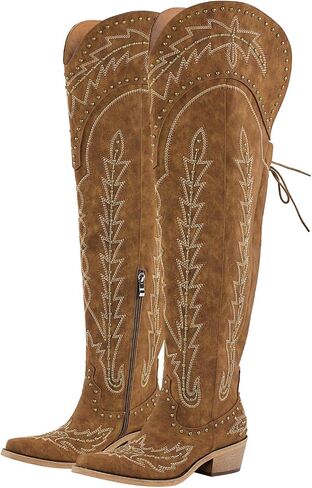 LISHAN Women's Western Cowboy Cowgirl Boots Thigh High Embroidered Block Heels Faux Leather Back Lace Up Shoes in Saudi Arabia