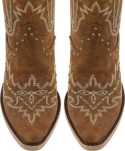LISHAN Women's Western Cowboy Cowgirl Boots Thigh High Embroidered Block Heels Faux Leather Back Lace Up Shoes in Saudi Arabia
