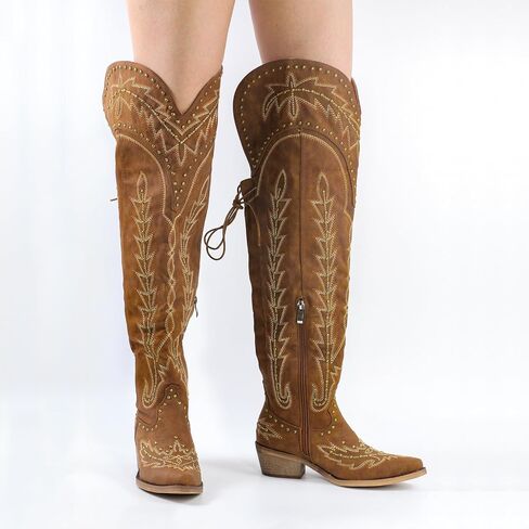 LISHAN Women's Western Cowboy Cowgirl Boots Thigh High Embroidered Block Heels Faux Leather Back Lace Up Shoes in Saudi Arabia