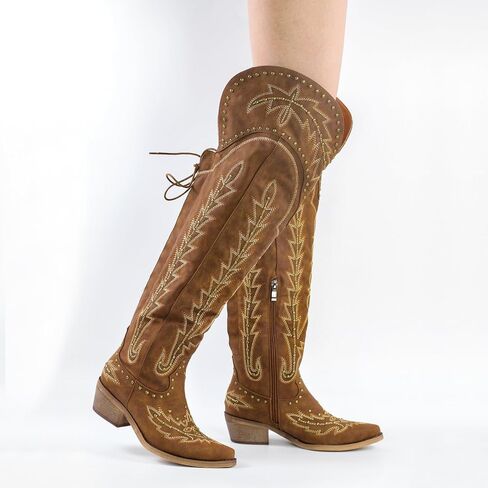 LISHAN Women's Western Cowboy Cowgirl Boots Thigh High Embroidered Block Heels Faux Leather Back Lace Up Shoes in Saudi Arabia