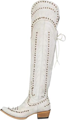 LISHAN Women's Western Cowboy Cowgirl Boots Thigh High Embroidered Block Heels Faux Leather Back Lace Up Shoes in Saudi Arabia