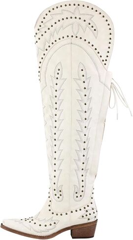 LISHAN Women's Western Cowboy Cowgirl Boots Thigh High Embroidered Block Heels Faux Leather Back Lace Up Shoes in Saudi Arabia