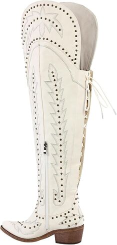 LISHAN Women's Western Cowboy Cowgirl Boots Thigh High Embroidered Block Heels Faux Leather Back Lace Up Shoes in Saudi Arabia