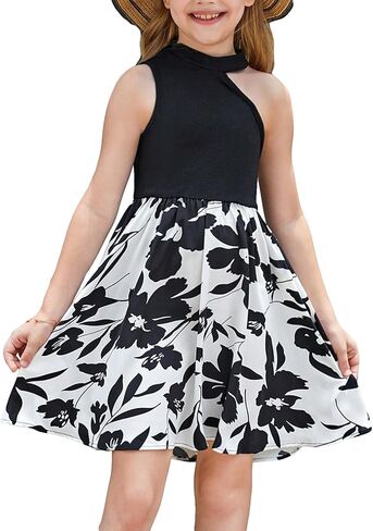 Floerns Girl's Floral Print Asymmetrical Neck Ribbed Sleeveless Summer A Line Dress in Saudi Arabia