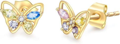 أقراط الفراشة 14 قيراط من الذهب الصلب على شكل فراشة للنساء والفتيات، أقراط ملونة مكعبة الزركونيا صغيرة الحجم وهدايا مجوهرات رائعة لها in Kuwait