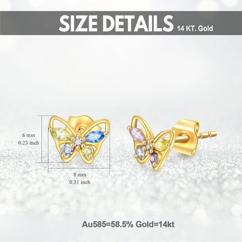 أقراط الفراشة 14 قيراط من الذهب الصلب على شكل فراشة للنساء والفتيات، أقراط ملونة مكعبة الزركونيا صغيرة الحجم وهدايا مجوهرات رائعة لها in Kuwait