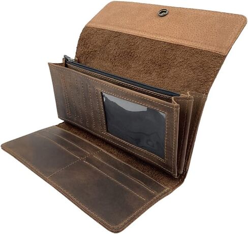 Heather's, Minimalist Tri Fold Folio Wallet for Women - Card Saver, Stylish Organizer with Button Closure and Zipper Coin Pocket - Bourbon Brown in Kuwait