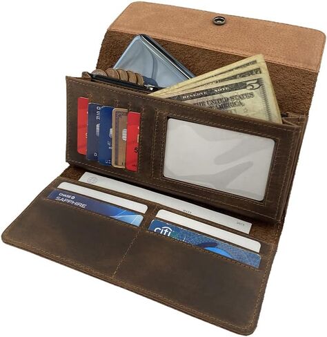 Heather's, Minimalist Tri Fold Folio Wallet for Women - Card Saver, Stylish Organizer with Button Closure and Zipper Coin Pocket - Bourbon Brown in Kuwait