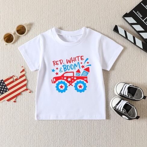 Toddler Boys Girls T-Shirt Kids Truck Dinosaur Tee Top American Flag USA Patriotic Memorial Day Shirt in Kuwait