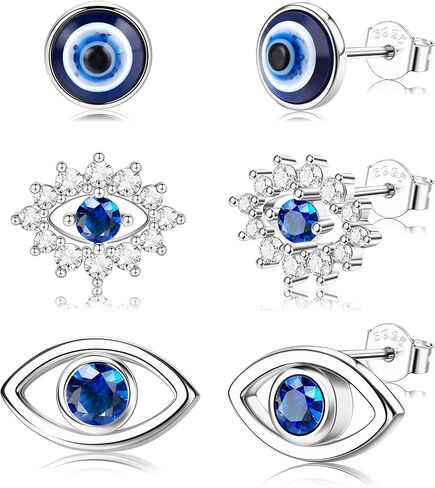 Evil Eye Earrings for Women White Gold Plated 925 Sterling Silver Evil Eye Stud Earrings Minimalist Blue CZ Eye Earrings Protection Jewelry in Kuwait