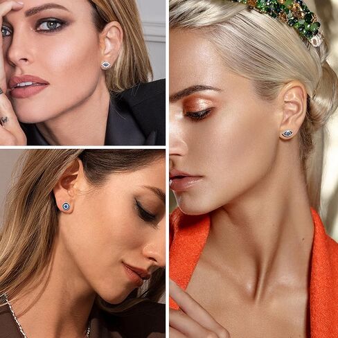 Evil Eye Earrings for Women White Gold Plated 925 Sterling Silver Evil Eye Stud Earrings Minimalist Blue CZ Eye Earrings Protection Jewelry in Kuwait