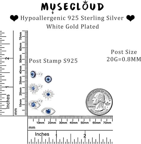 Evil Eye Earrings for Women White Gold Plated 925 Sterling Silver Evil Eye Stud Earrings Minimalist Blue CZ Eye Earrings Protection Jewelry in Kuwait