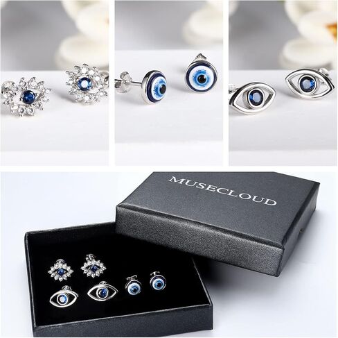 Evil Eye Earrings for Women White Gold Plated 925 Sterling Silver Evil Eye Stud Earrings Minimalist Blue CZ Eye Earrings Protection Jewelry in Kuwait