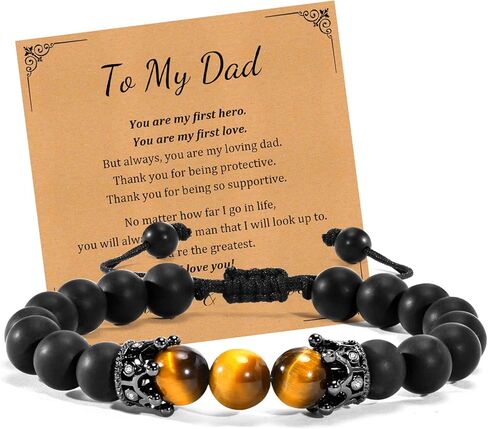 Men's Bracelet Jewelry Gift : Handmade Black Agate and Tiger's Eye Stone Gemstone Beaded Bracelets for Boyfriend, Husband, Son, Dad, Brother Uncle, Sentimental Gift Idea for Men, Gift Box Card in Kuwait