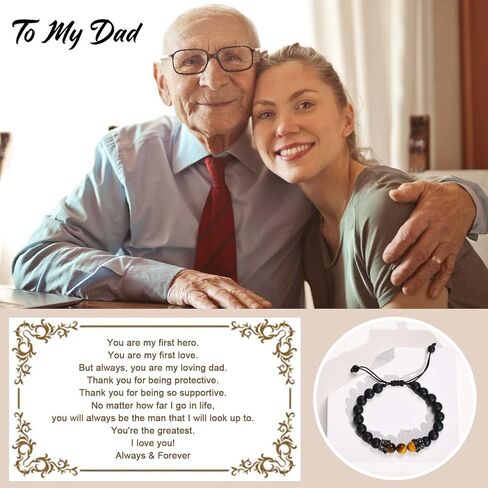 Men's Bracelet Jewelry Gift : Handmade Black Agate and Tiger's Eye Stone Gemstone Beaded Bracelets for Boyfriend, Husband, Son, Dad, Brother Uncle, Sentimental Gift Idea for Men, Gift Box Card in Kuwait