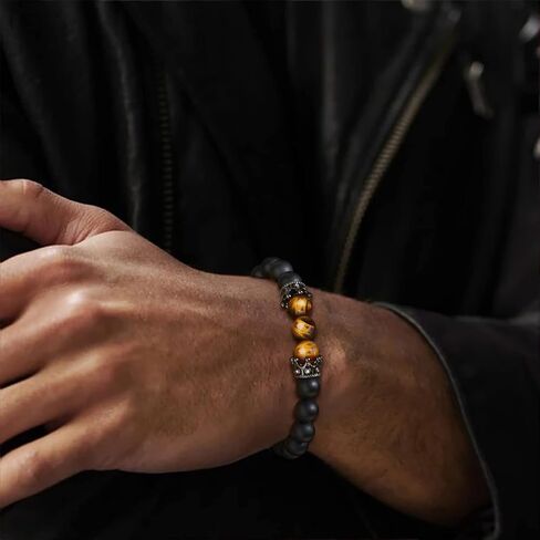 Men's Bracelet Jewelry Gift : Handmade Black Agate and Tiger's Eye Stone Gemstone Beaded Bracelets for Boyfriend, Husband, Son, Dad, Brother Uncle, Sentimental Gift Idea for Men, Gift Box Card in Kuwait