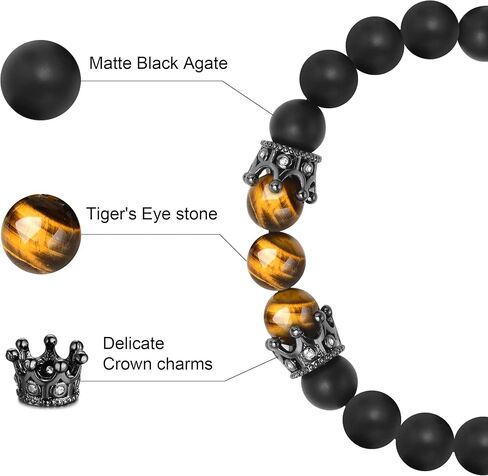 Men's Bracelet Jewelry Gift : Handmade Black Agate and Tiger's Eye Stone Gemstone Beaded Bracelets for Boyfriend, Husband, Son, Dad, Brother Uncle, Sentimental Gift Idea for Men, Gift Box Card in Kuwait