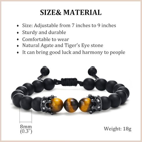 Men's Bracelet Jewelry Gift : Handmade Black Agate and Tiger's Eye Stone Gemstone Beaded Bracelets for Boyfriend, Husband, Son, Dad, Brother Uncle, Sentimental Gift Idea for Men, Gift Box Card in Kuwait