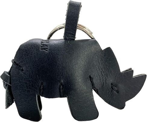 Hide & Play, Rhino Keychain Handmade from Full Grain Leather - Stylish Keyring Organizer, Easily Attach to Keys, Cute Accessory - Charcoal Black in Kuwait