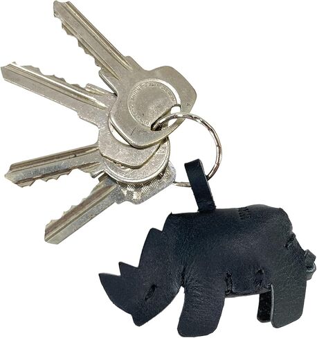 Hide & Play, Rhino Keychain Handmade from Full Grain Leather - Stylish Keyring Organizer, Easily Attach to Keys, Cute Accessory - Charcoal Black in Kuwait