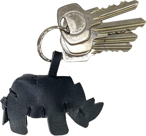 Hide & Play, Rhino Keychain Handmade from Full Grain Leather - Stylish Keyring Organizer, Easily Attach to Keys, Cute Accessory - Charcoal Black in Kuwait