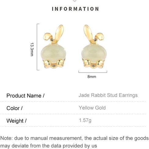 14K Gold Jade Rabbit Stud Earrings, Natural Jade Stud Earrings, Birthday Gift for Wife, Girlfriend, Daughter in Saudi Arabia