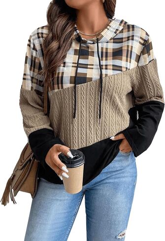 SOLY HUX Women's Plus Size Plaid Color Block Hoodies Drawstring Long Sleeve Pullover Sweatshirt in Saudi Arabia