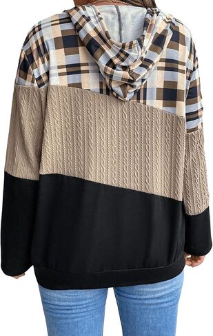 SOLY HUX Women's Plus Size Plaid Color Block Hoodies Drawstring Long Sleeve Pullover Sweatshirt in Saudi Arabia