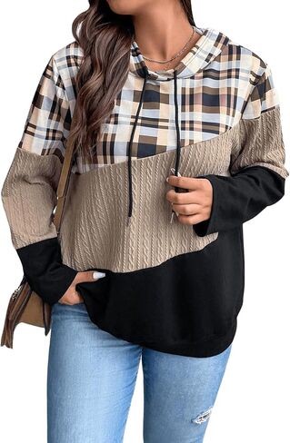 SOLY HUX Women's Plus Size Plaid Color Block Hoodies Drawstring Long Sleeve Pullover Sweatshirt in Saudi Arabia