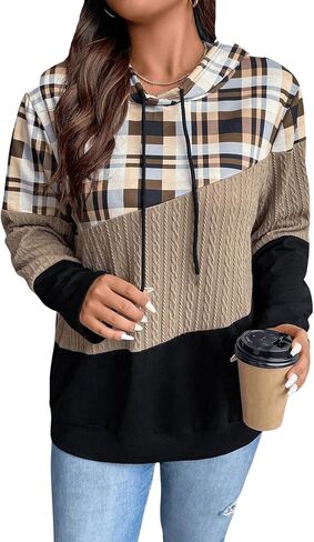 SOLY HUX Women's Plus Size Plaid Color Block Hoodies Drawstring Long Sleeve Pullover Sweatshirt in Saudi Arabia