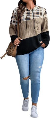 SOLY HUX Women's Plus Size Plaid Color Block Hoodies Drawstring Long Sleeve Pullover Sweatshirt in Saudi Arabia